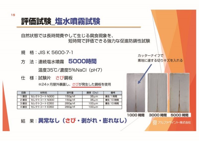 塩水噴霧試験5000時間異状なし（従来工法では1000時間程度）